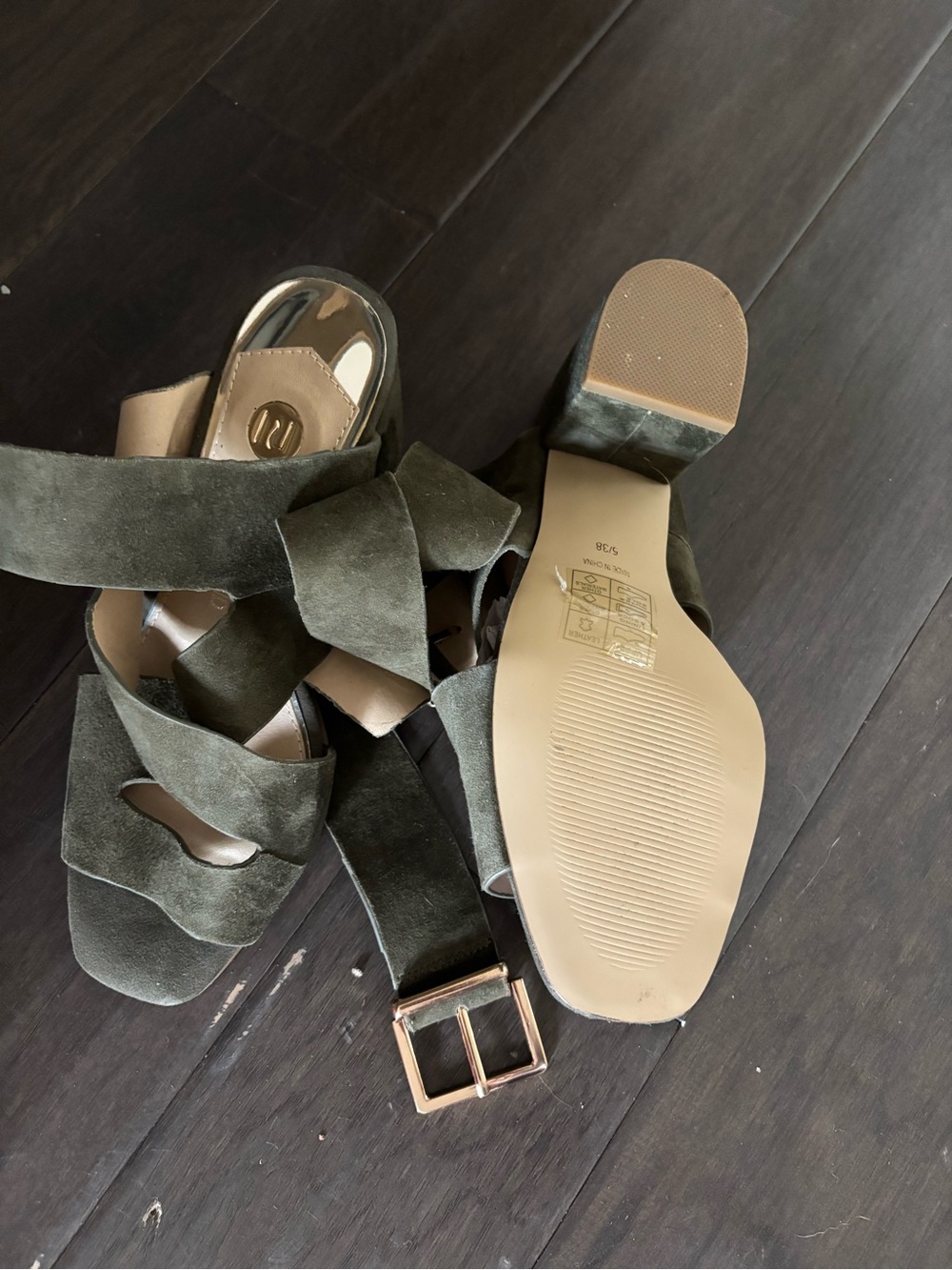 Mango Olive Suede Block Heel Sandals with Gold Buckle NEVER WORN